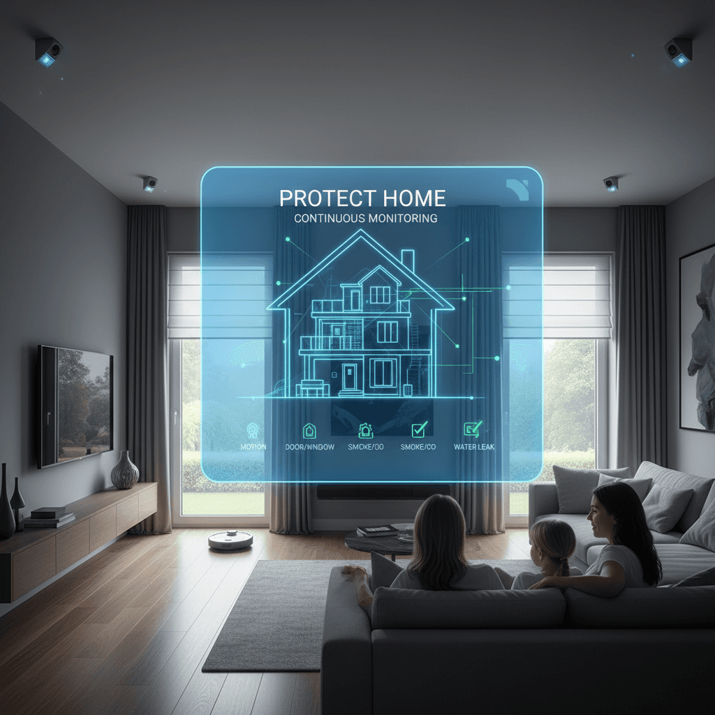 Family on a couch viewing a glowing blue holographic smart home security monitoring interface.