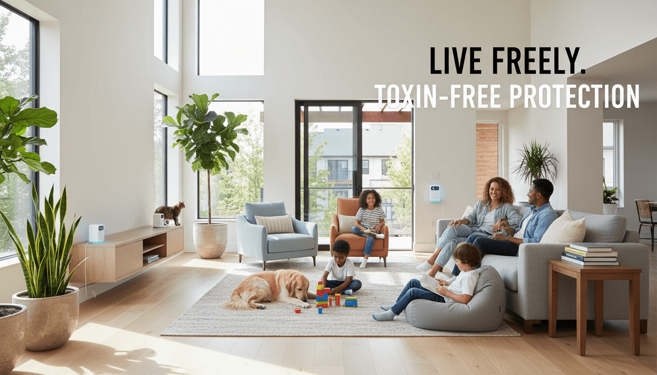 Diverse family relaxing in bright living room with integrated pest repellent devices, children and pets playing safely