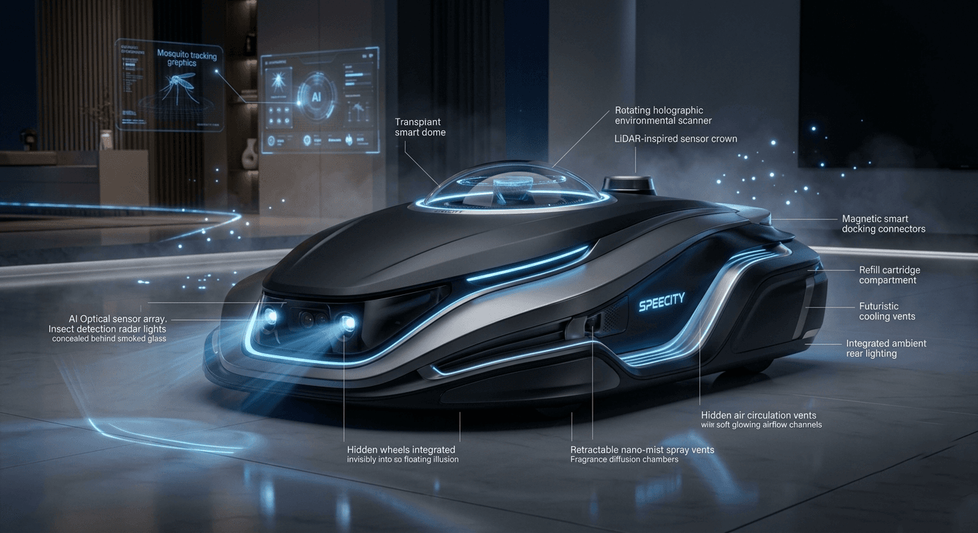 Sleek black futuristic robot with blue lights and a glass dome for advanced mosquito tracking.