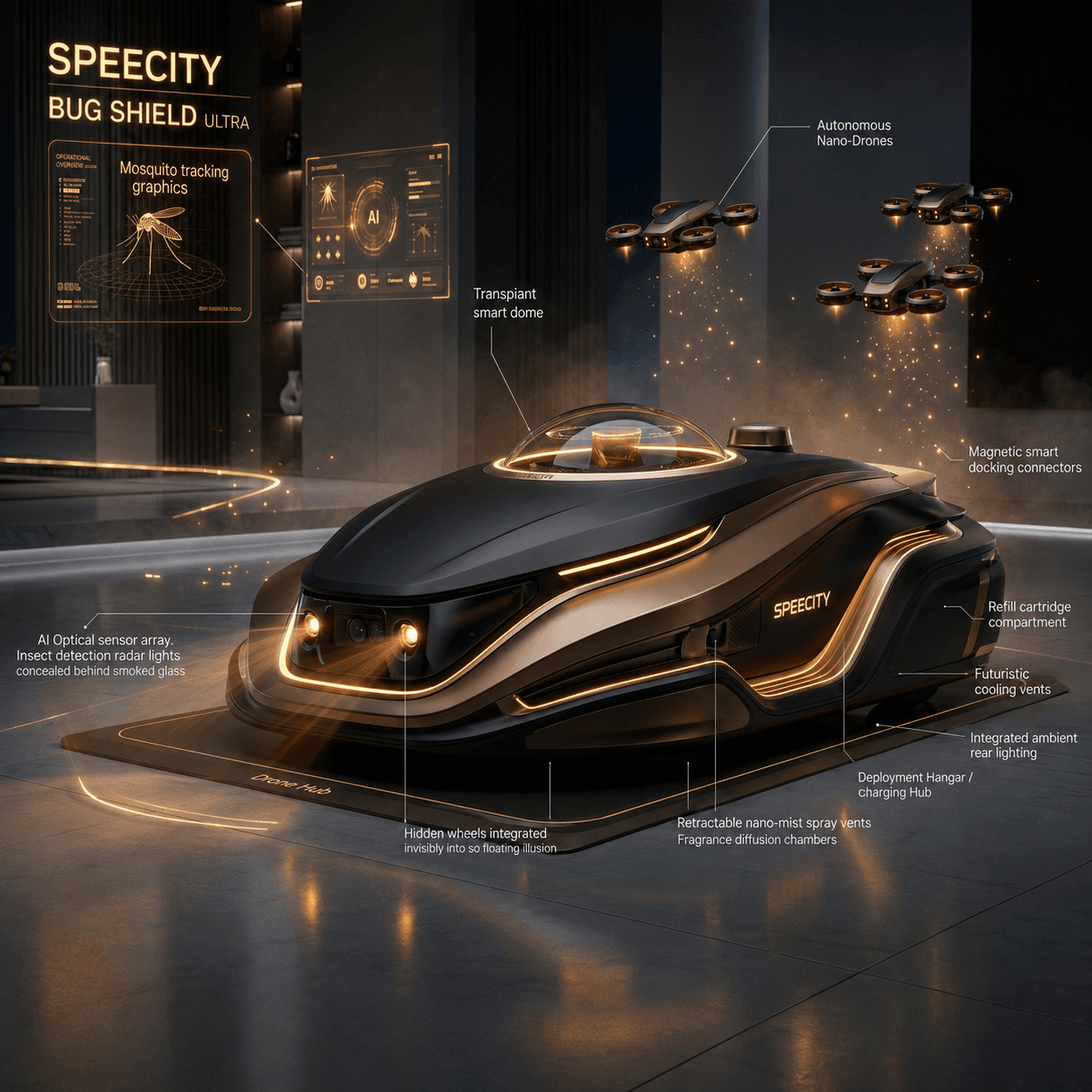 Sleek black and gold futuristic Bug Shield device featuring autonomous nano-drones and AI tracking.