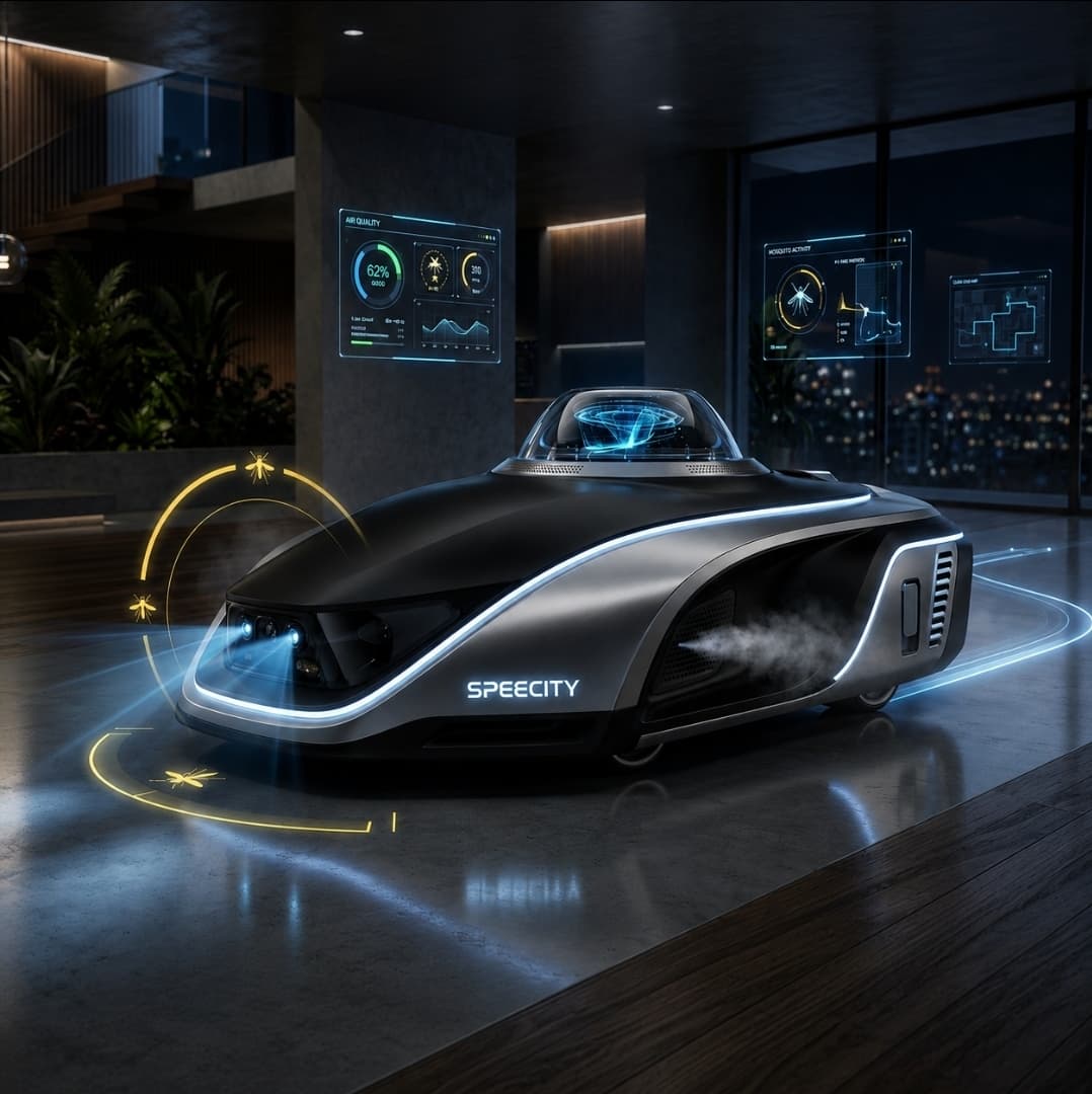 Futuristic SPEECITY robot emitting mist in a modern room with digital mosquito tracking displays.