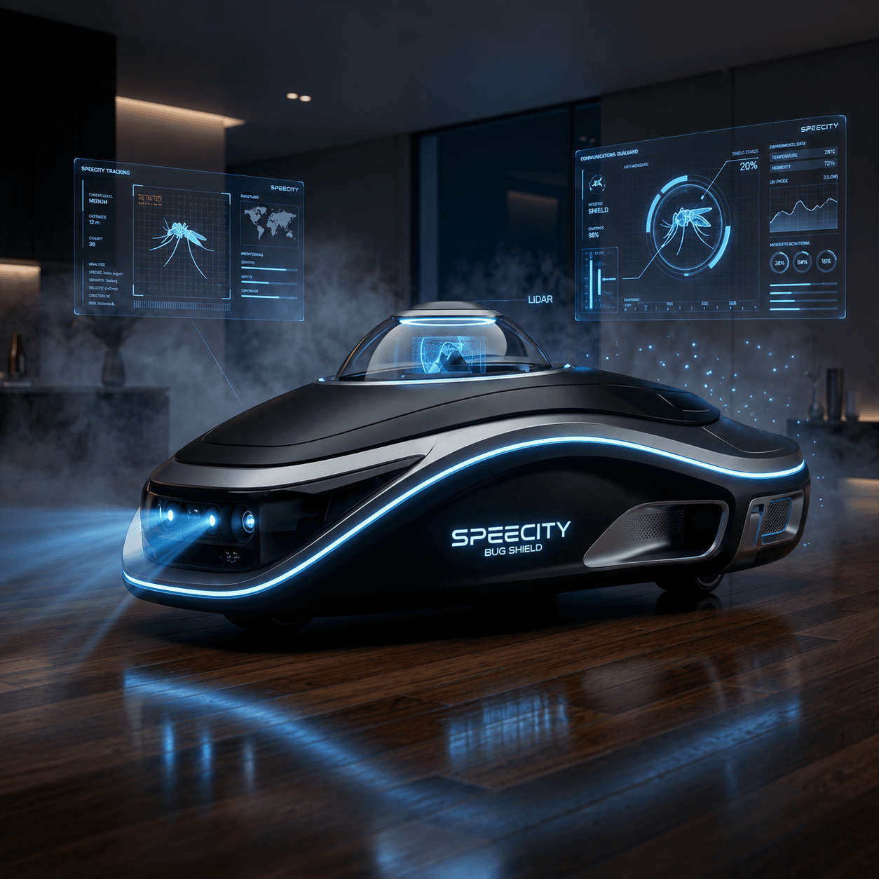 Sleek black Speecity Bug Shield robot with blue lights and holographic mosquito tracking displays.